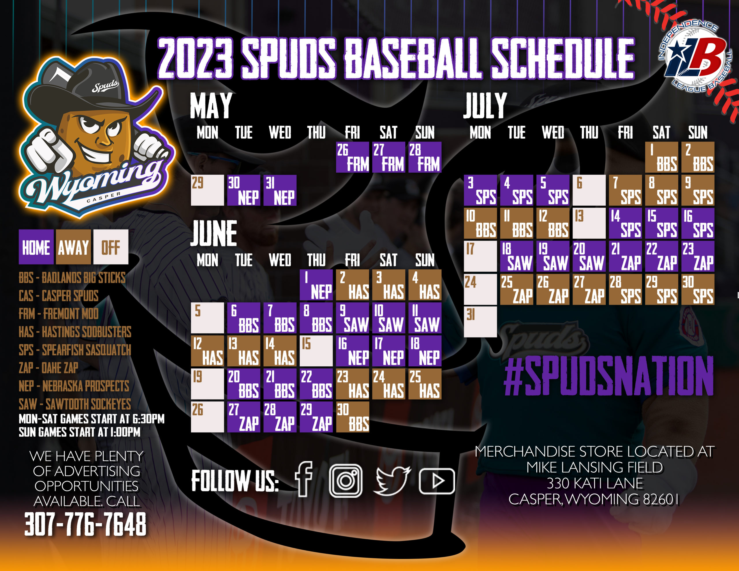 2023 Casper Spuds Baseball Season Schedule